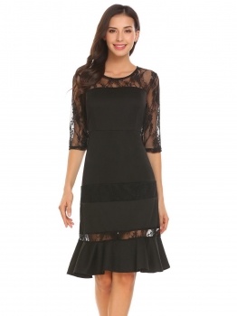 

Black Women Casual O-Neck Medium Sleeve Lace Patchwork A-Line Ruffle Hem Sexy Dress, Multicolor