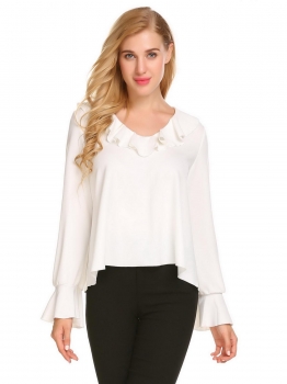 

White Women Casual O-Neck Long Sleeve Flare Cuffs Solid Ruffle Loose Blouse T-shirt Tops, Multicolor