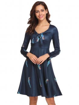 

Navy blue Women Vintage Style Long Sleeve Front Tie Printing A-Line Swing Dress, Multicolor