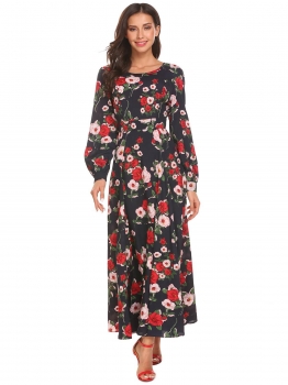

Blue Women O Neck Long Sleeve Floral Printed Slim Waist Pleated Swing Maxi Dress, Multicolor
