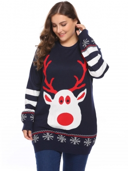 

Navy blue Women O-Neck Long Sleeve Christmas Print Casual Pullover Sweater Plus, Multicolor