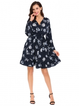 

Navy blue Women V-Neck Lantern Sleeve Floral Ruffles Hem Beach Casual Dress with Belt, Multicolor