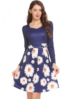 

Navy blue Women Sweetheart Neck Long Sleeve Floral Patchwork Casual Party Pleated Dress, Multicolor