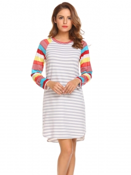

Pattern 1 Women Casual O-Neck Long Sleeve Striped Patchwork Asymmetrical Hem Sexy Dress, Multicolor