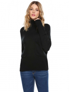 

Black Women Casual Turtle Neck Long Sleeve Thread Hem and Cuffs Solid Pocket Pullover Sweater, Multicolor