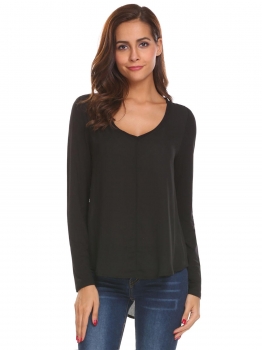 

Black Women V-Neck Long Sleeve Patchwork Pleat Back High Low Casual Chiffon Blouse Top, Multicolor