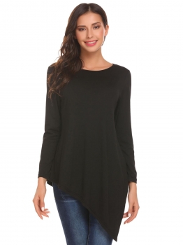 

Black Women Round Neck Long Sleeve Split Asymmetrical Hem Casual Loose Sweater, Multicolor