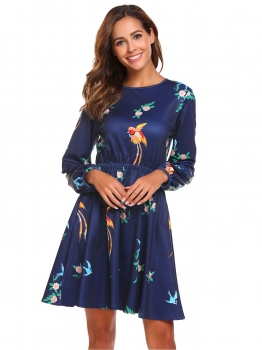 

Navy blue Women O-Neck Lantern Sleeve Print Fit and Flare Casual Party Dress, Multicolor