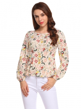 

White Women O-Neck Long Sleeve Floral Print Casual Peplum Tops, Multicolor