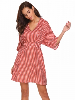 

Red V-Neck 3"4 Sleeve Striped Loose Belt Pocket Casual Dress, Multicolor