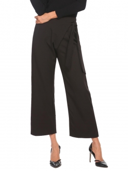 

Black Women Wide Leg Tie Up Wrap Loose Casual Office Pants, Multicolor