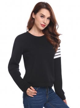 

Black Women O-Neck Striped Long Sleeve Pullover Casual Fleece Sweatshirts, Multicolor