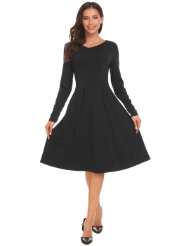 

Black Women Casual V Neck Long Sleeve Pleated Swing Dress Solid High Waist, Multicolor