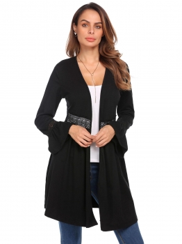 

Black Women Flare Sleeve Open Front Hollow Lace Patchwork Casual Cardigan, Multicolor