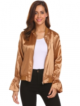 

Brown Women Casual Solid Flare Sleeve Zip Up Bomber Jacket Outwear, Multicolor