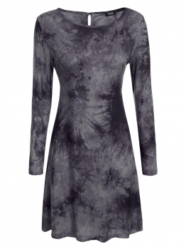 

Black Round Neck Long Sleeve Tie-dyed Print Casual Loose Fit Dress, Multicolor