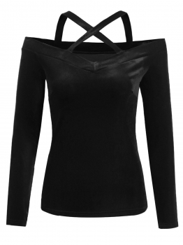 

Black Women Casual Crossing Straps Cold the Shoulder Slim Fit Solid Sexy Blouse Casual Tops, Multicolor