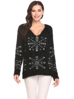 

Black Women Soft V-Neck Batwing Sleeve Snowflake Casual Pullover Sweater, Multicolor