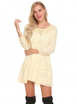 

Beige Women Lantern Sleeve Layered Hem Lace Chiffon Casual Loose Fit Mini Dress, Multicolor