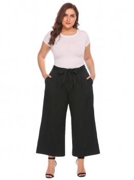 

Black Women High Waist Belted Striped" Solid Wide Leg Casual Pants Plus Size, Multicolor