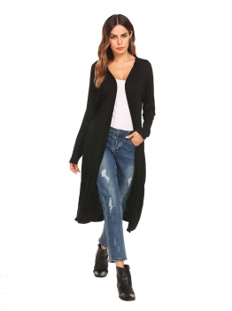 

Black Drop-Shoulder Open Front Casual Long Hooded Cardigan, Multicolor