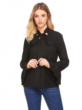 

Black Women Tie-Bow Neck Flare Sleeve Solid Casual Loose Fit Blouse Top, Multicolor