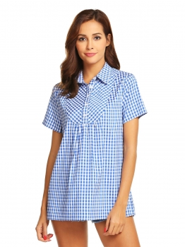 

Blue Women's Short Sleeve Plaid Button Neck Henley Shirts Pleated Front Top Blouse, Multicolor