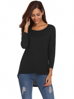 

Black Women O Neck Long Sleeve Loose Irregular Hem Tops, Multicolor