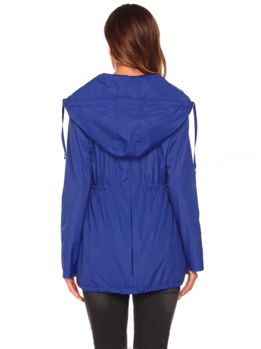 blue women hiking waterproof hooded solid outdoor rain coat
