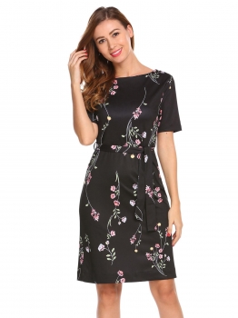 

Black Women Casual Round Neck Short Sleeve Floral Print Dress with Belt, Multicolor