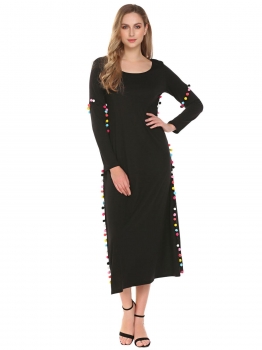 

Black Women Long Sleeve Casual Loose Pompom Maxi Dress, Multicolor