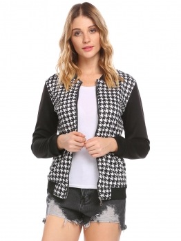 

Black Long Sleeve Zip Up Print Patchwork Slim Fit Short Jacket, Multicolor