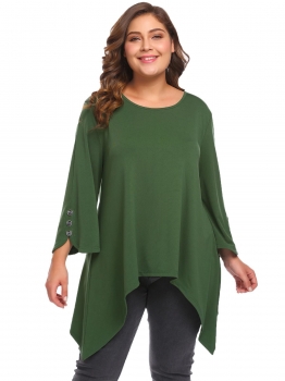 

Army green Women Plus Size O-Neck 3"4 Sleeve Button Asymmetrical Top, Multicolor