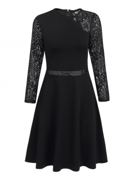 

Black Women Fashion O-Neck Long Sleeve Lace Patchwork A-Line Dress, Multicolor