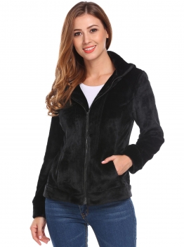 

Black Women Casual Hooded Long Sleeve Zip-up Fleece Jacket, Multicolor