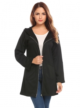 

Black Women's Drawstring Hooded Full Zip Solid Casual Long Coat with Pocket, Multicolor