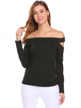 

Black Women Off Shoulder Cut Out Long Sleeve Casual Knitted Casual Tops, Multicolor