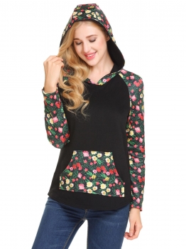 

Black Women Casual Hooded Long Sleeve Patchwork Pocket Pullover Sexy Hoodie, Multicolor