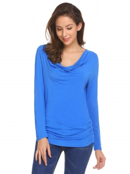 

Blue Women Casual Ruffle V-Neck Long Sleeve Side Elastic Hem Regular Fit Sexy Blouse T-shirt Tops, Multicolor