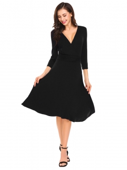 

Black Women Casual Wrap Split V Neck 3"4 Sleeve Slim Waist Solid A-line Dress, Multicolor