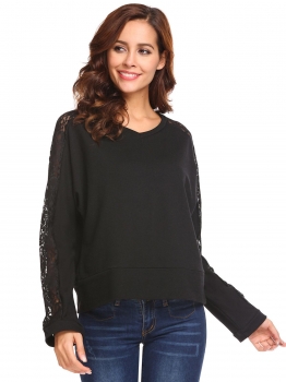 

Black Women Casual V-Neck Long Sleeve Lace Patchwork Loose Blouse T-shirt Tops, Multicolor