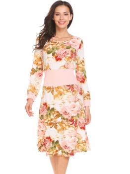 

Pink Round Neck Long Sleeve Split Floral Patchwork Casual A-Line Dress, Multicolor