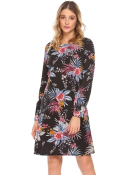 

Black Women Casual Round Neck Long Sleeve Print Tunic Loose Dress, Multicolor