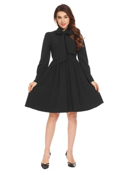 

Black Tied bow Neck Long Sleeve Fit and Flare Shirt Dress, Multicolor