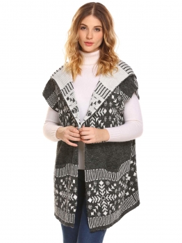 

Black Women Sleeveless Hooded Loose Knitted Sweater Open Front Cardigan Vests, Multicolor