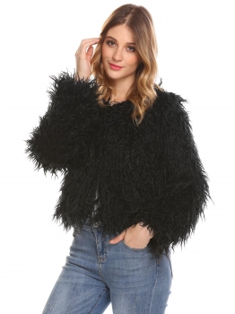 

Black Women Winter Warm Faux Fur Long Sleeve Hook & Eye Solid Crop Coat Outwear, Multicolor