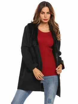 

Black Women Stand Collar Faux Fux Patchwork Single-breasted Wool Blend Coat Outerwear, Multicolor