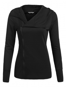 

Black Women Hooded Long Sleeve Full Zip Solid Slim Fit Active Casual Hoodie, Multicolor