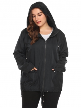 

Black Hooded Casual Raincoat Drawstring Hem Solid Waterproof Jacket Plus Size, Multicolor