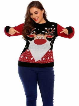 

Black Women Plus Size Casual Long Sleeve Christmas Printed Sweater, Multicolor